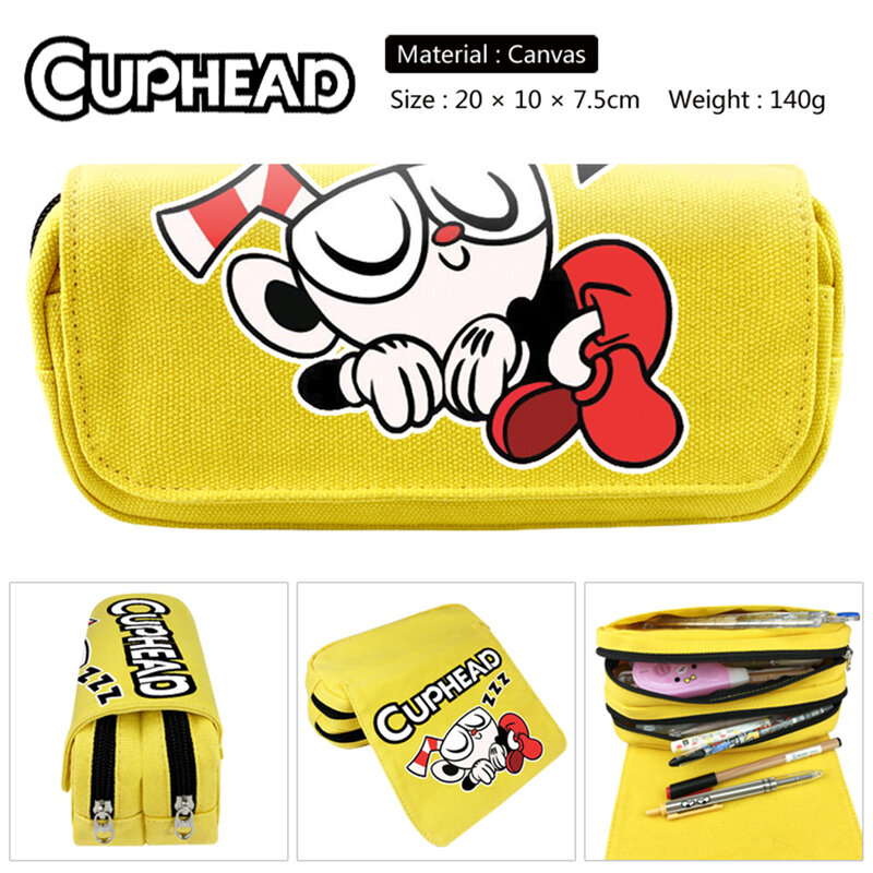Cuphead-Bolsa de lápices de dibujos animados para niños y niñas, bolsa de maquillaje, bolsa de cosméticos con cremallera, bolsa de lona de viaje para estudiantes, papelería