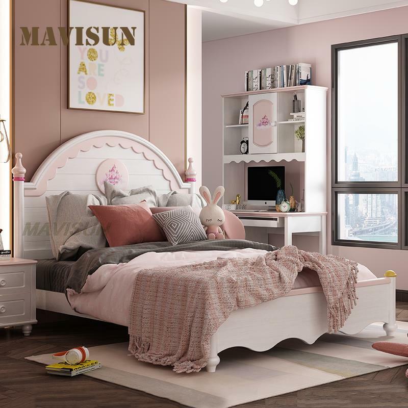 Levendig En Duurzaam Cartoon Patroon Meisje Prinses Moderne Massief Houten Hoge Box Bed 1.5M Enkele Bed Kinderkamer meubels