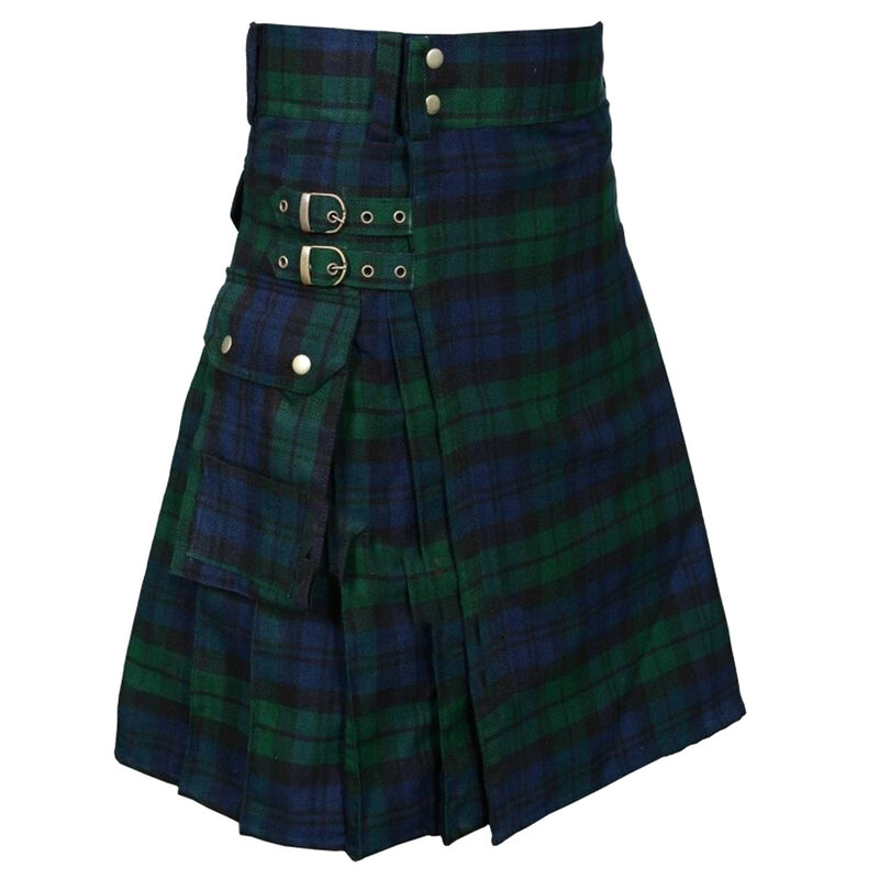 Moda masculina estilo escocês xadrez contraste cor bolso plissado saia calças masculinas escócia nova moda casual saia masculina