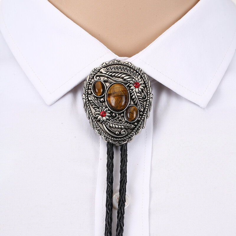 Cravatta bolo foglia di pietra occhio di tigre per uomo cowboy indiano western cowgirl corda di cuoio cravatta in lega di zinco