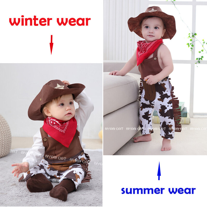 Umorden Cowboy Cow Boy kostiumy pajacyki na ubranka dla niemowląt i małych chłopców niemowlę Halloween boże narodzenie urodziny Cosplay przebranie