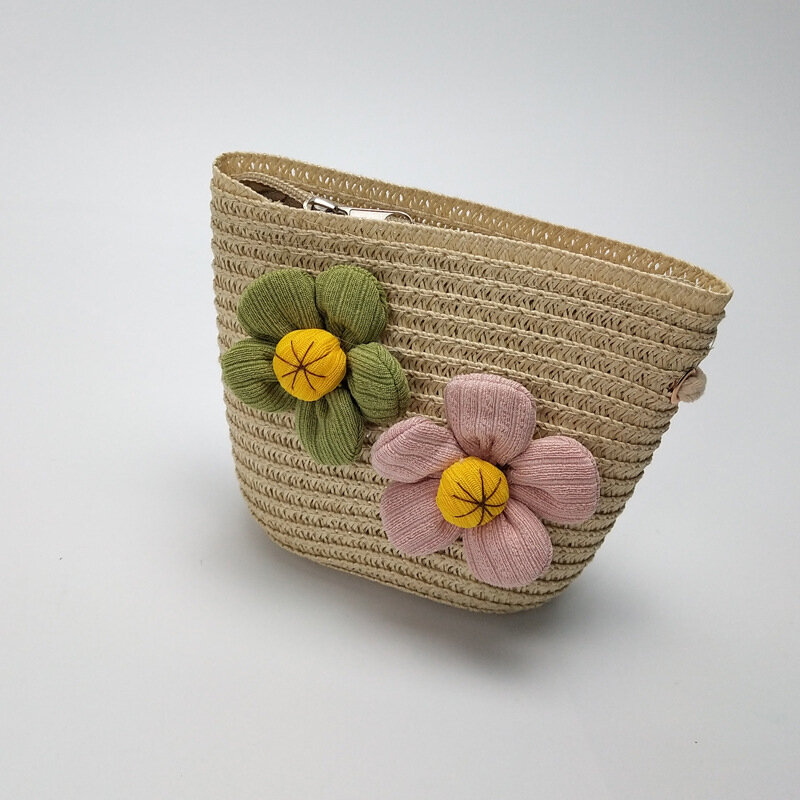 Flowers Stars Lovely Mini Coin Purse Bag Children's Crafts Gift Straw Bag Bucket Woven Bag Baby Girl's Small Crossbody Bag