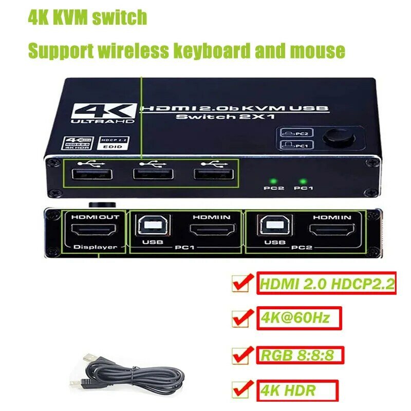 HDMI2.0 KVM переключатель 2 порта 4K @ 60 Гц USB переключатель KVM переключатель сплиттер для совместного использования клавиатуры принтера переключатель KVM