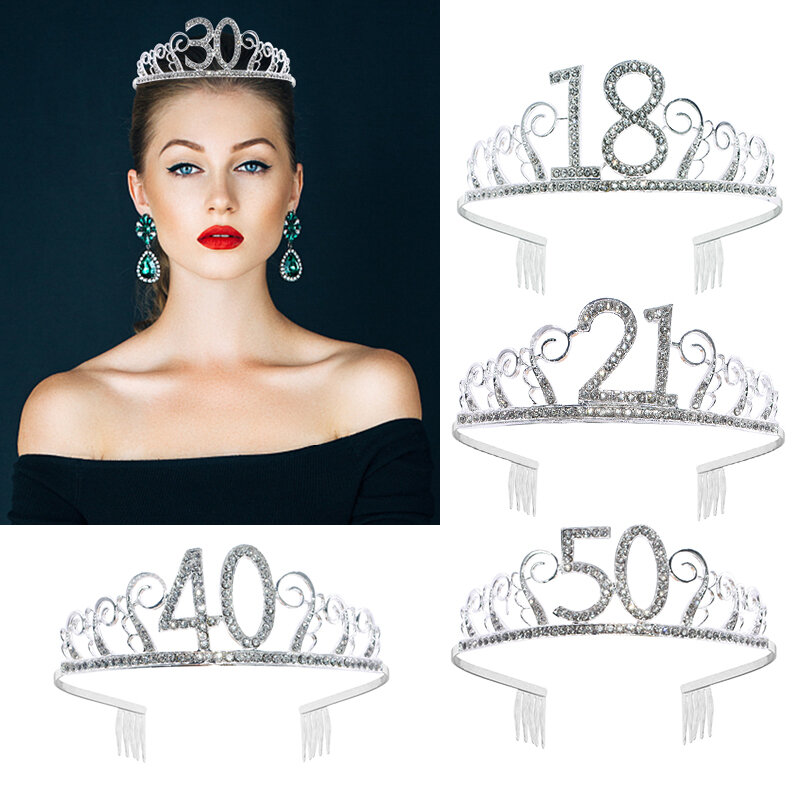 18 21 30 40 50 Silver Crystal Rhinestone Tiara Princess Crown Girls Hairbands Accessories For Women Anniversary Birthday Dress