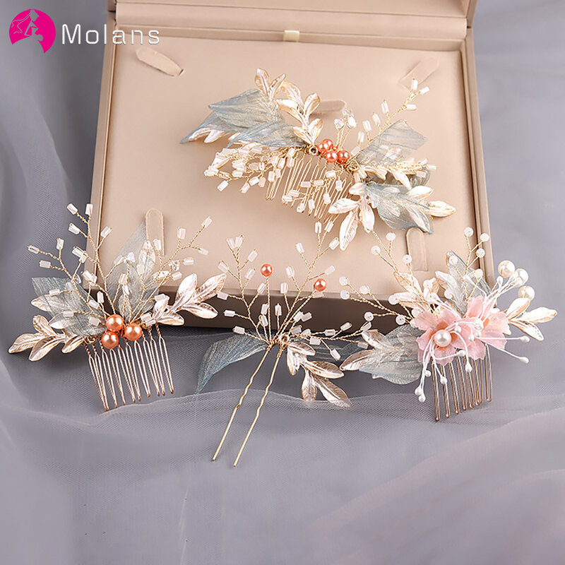 MOLANS Pearl Hairpin For Women pettini per capelli copricapo Prom Bridal Wedding Crown accessori per capelli eleganti foglie d'oro copricapo 1PC