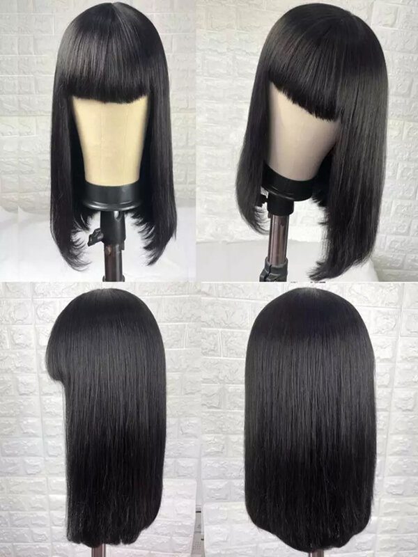 Wig tanpa lem rambut manusia siap dipakai 100% wig Bob pendek dengan poni untuk wanita pilihan lurus Brasil cuci gudang