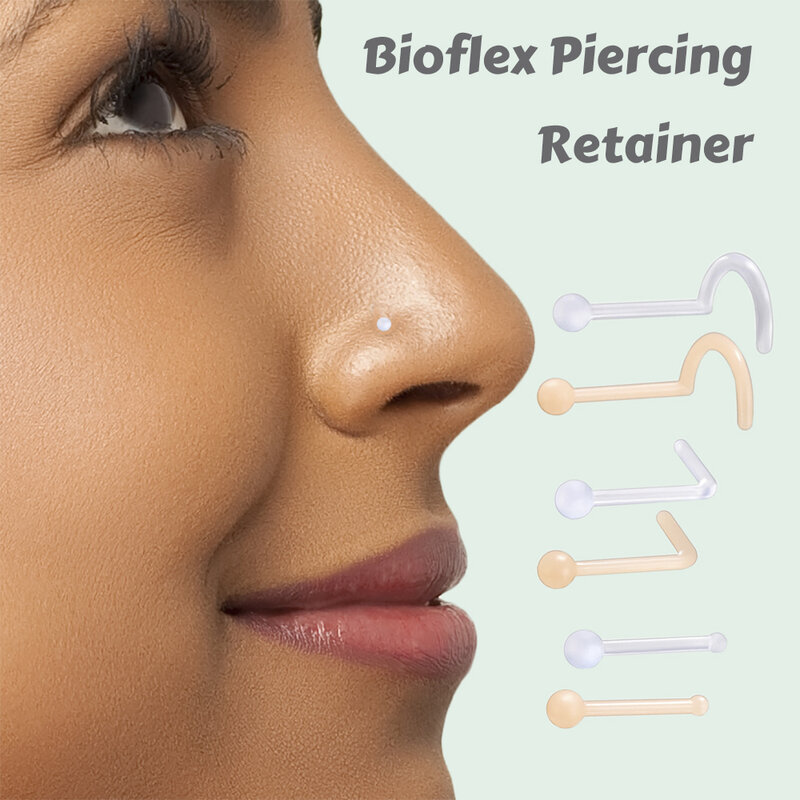 5/10 Pcs Bioflex Plastic Ball Top Retainer Flesh Clear 20G Nose Studs Piercing L Screw Bone Shape Hide Nostril Jewelry for Work