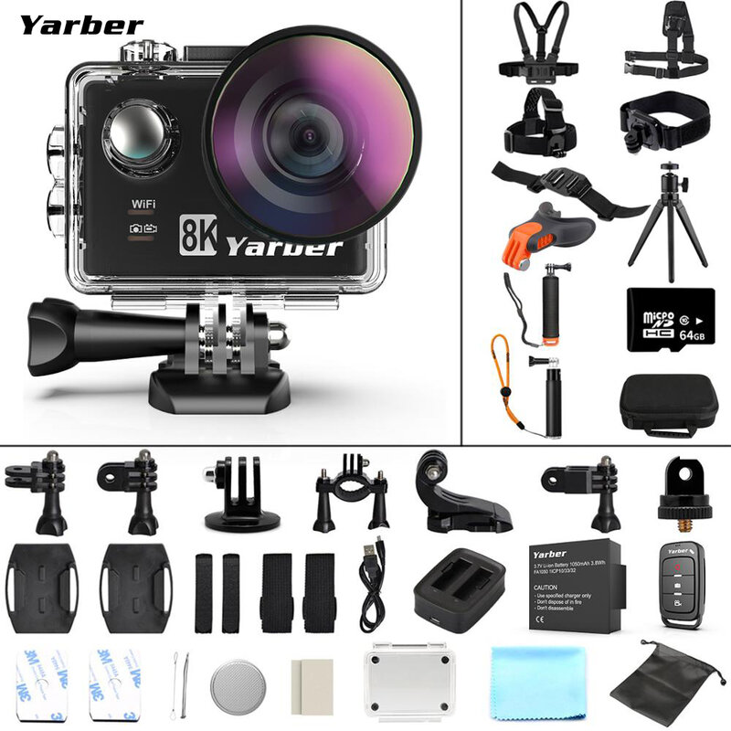 Yarber 8K kamera sportowa action WIFI 4K 60fps kask rowerowy kamery sportowe 40M wodoodporna kamera do nurkowania wideo kamera na deskę rozdzielczą ze zdalną aplikacją