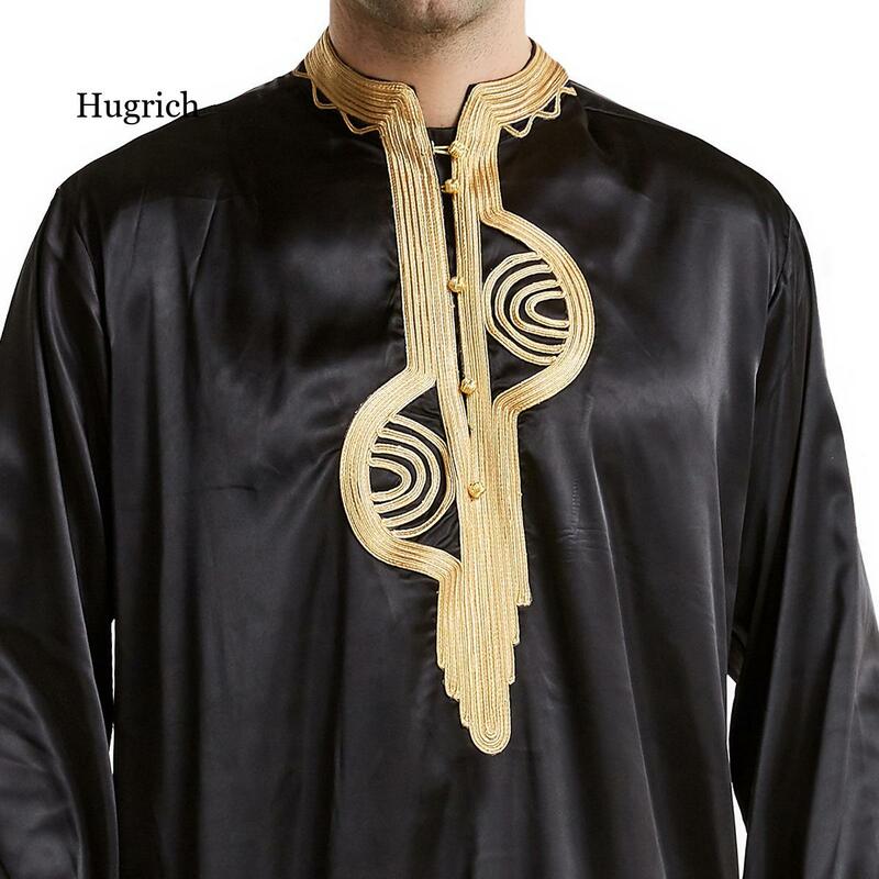 이슬람 남자 Jubba Thobe 이슬람 의류 스탠드 칼라 기모노 긴 가운, 사우디 무술만 착용 Abaya Caftan Jubah 두바이 아랍 드레싱