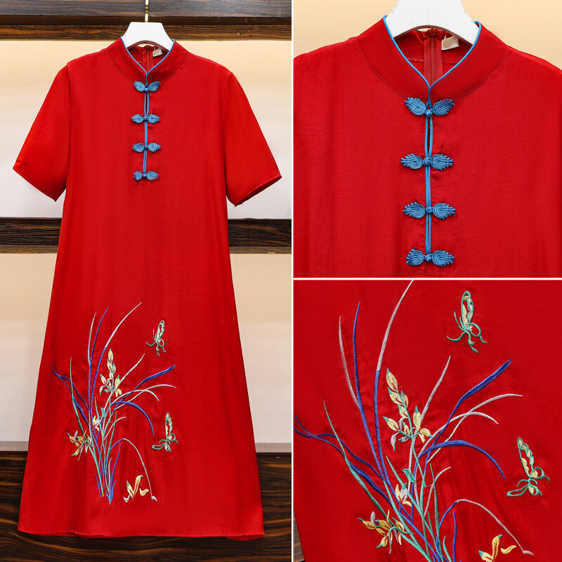 Gaun Midi Wanita Pesta Kasual Qipao Tradisional Tiongkok Bordir Merah Antik Ukuran Plus 2021 M-4XL Gaun Cheongsam Musim Panas