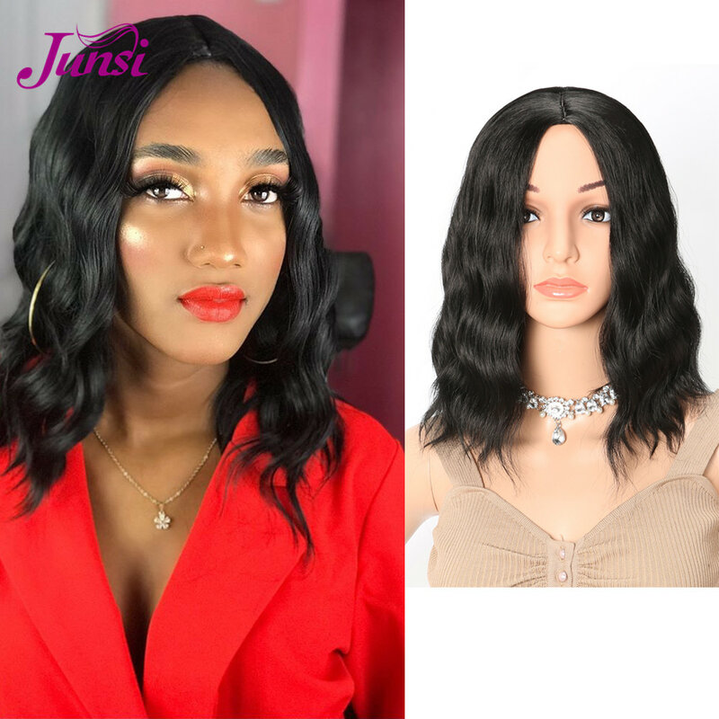 JUNSI Mode Dame Kurze Schwarze Bob Wellenförmige Perücke Haar Synthetische Perücke Natural Black Heat Resistant Perücken