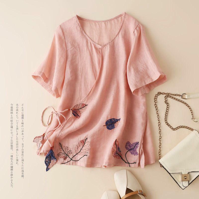 Camisa de lino y algodón con bordado Retro para mujer, blusa holgada de talla grande que combina con todo, camisa Irregular, novedad de verano 2002, envío gratis