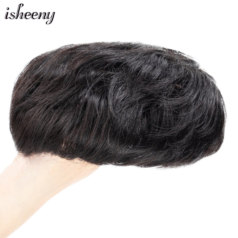 Isheeny Real Human Hair Men Toupee Natural Black Hair Pieces Top Wig sistemi di ricambio 15x18cm Hairpiece for Men