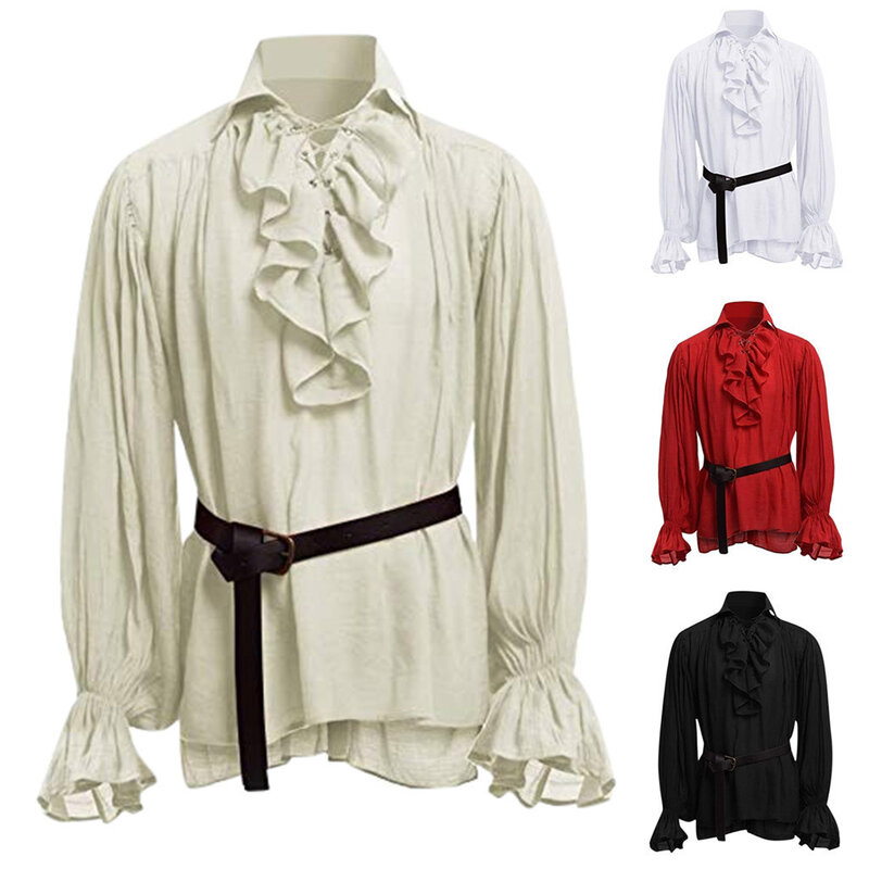 Nieuwe Middeleeuwse Renaissance Vetersluiting Up Shirt Bandage Tops Voor Adut Mannen Larp Vintage Kostuum Pluizige Lange Mouw Voor Mannelijke Broek riem