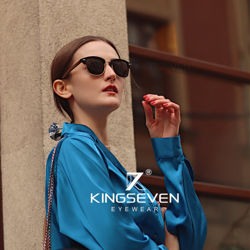 KINGSEVEN-Óculos de sol artesanais de madeira para homens e mulheres, proteção UV400 polarizada, óculos retro semi-sem aro, 2023