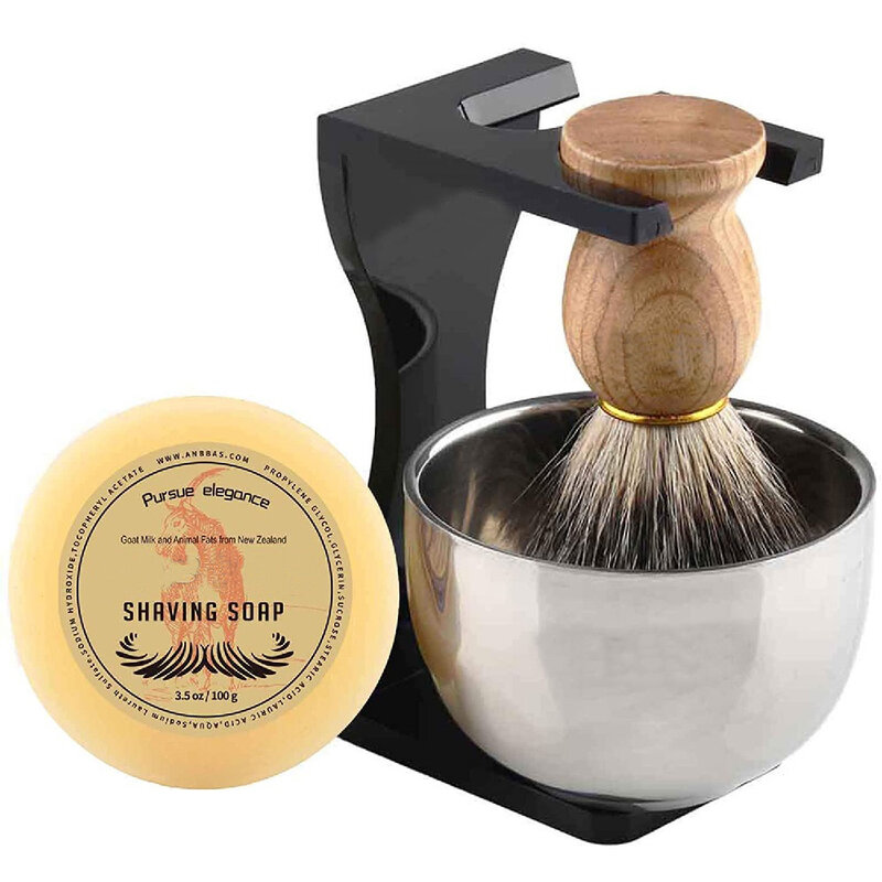 Brocha de afeitar para Barbero, pelo de tejón puro, mango de madera, soporte acrílico negro, cuenco y juego de jabón