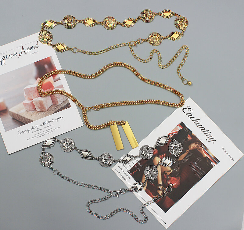 Moda de pasarela para mujer, cadena de Metal dorado y plateado, corsés para vestido femenino, cinturones de cintura, decoración, cinturón estrecho R464