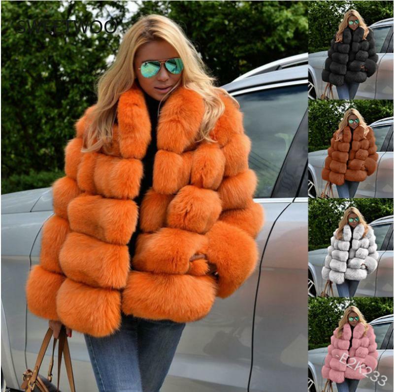 Manteau d'hiver de luxe en fausse fourrure de renard pour femme, veste à manches longues avec col montant, grande taille