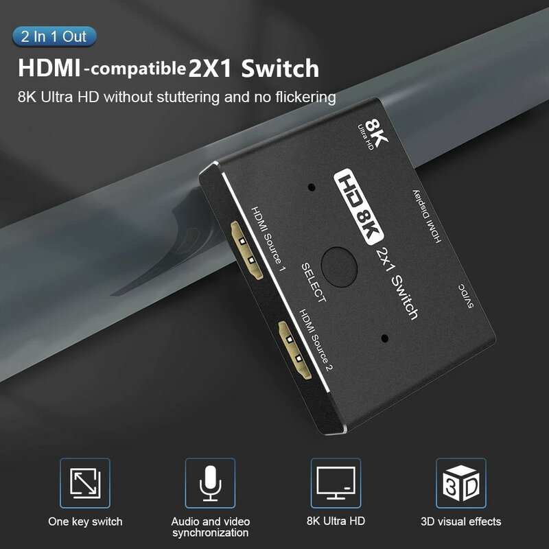 Conmutador KVM 2,1 compatible con HDMI, 8K, 2 en 1, conmutador Ultra HD para ordenador portátil, 2 fuentes a 1, nuevo