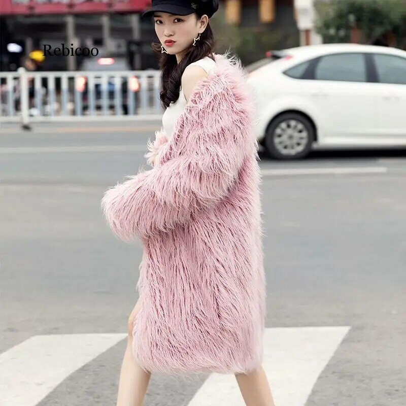 女性秋冬毛皮のオーバーコート女性シャギーふわふわフェイクファーのコート新ファッションカジュアル暖かいスリム上着