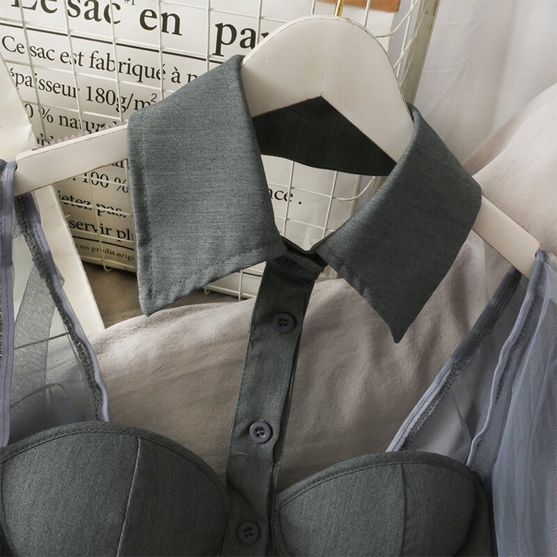 Blusas femininas sensuais e chique, camisas de frente única, com trabalho de gaze, com manga lanterna, crop tops