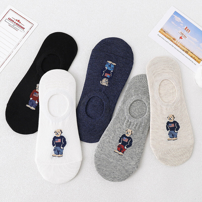 5 Pairs of 5 Colors Summer New Cartoon Bear Thin Cotton Men's Invisible Light Breathable Sweat-absorbent Boat Socks Personality