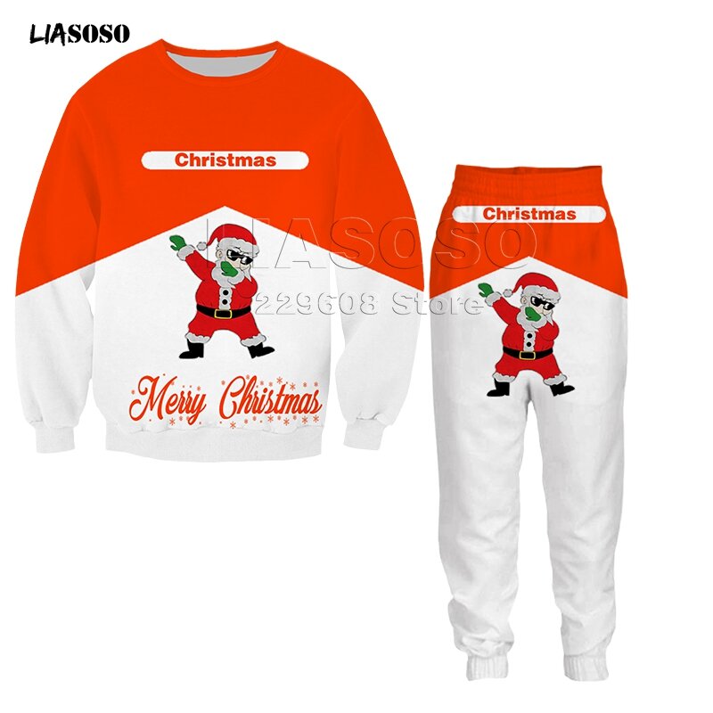Pria & Wanita Fashion Natal Hadiah Pakaian Set Sweatshirt Celana 2 Buah Baju Olahraga 3D Cetak Natal Set Hip Hop Top leher Bulat