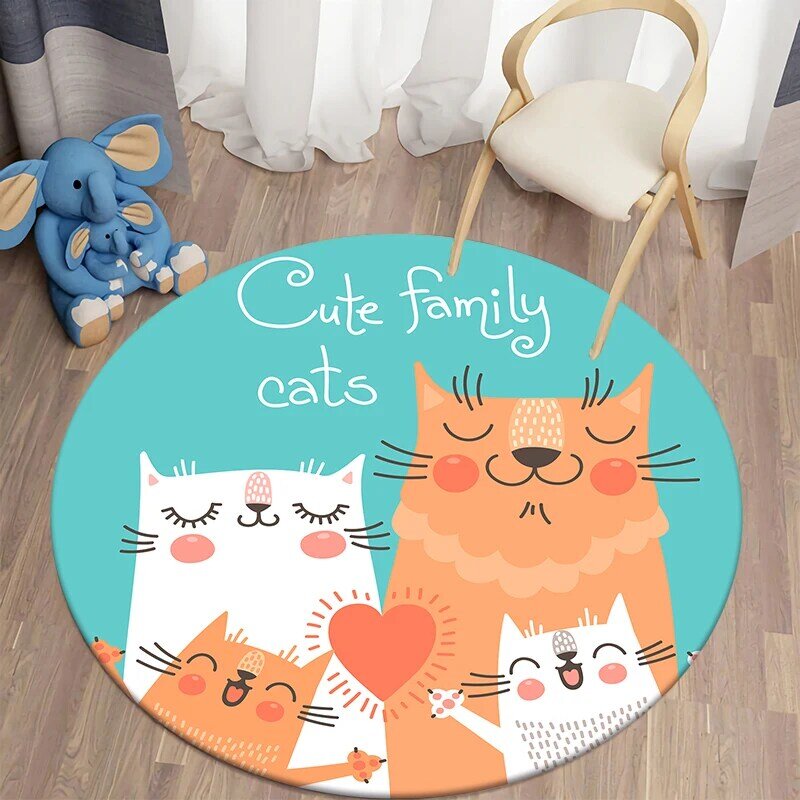 Tapete decorativo antiderrapante para crianças, carpete com estampa de gato e desenho animado, redondo, para sala de estar