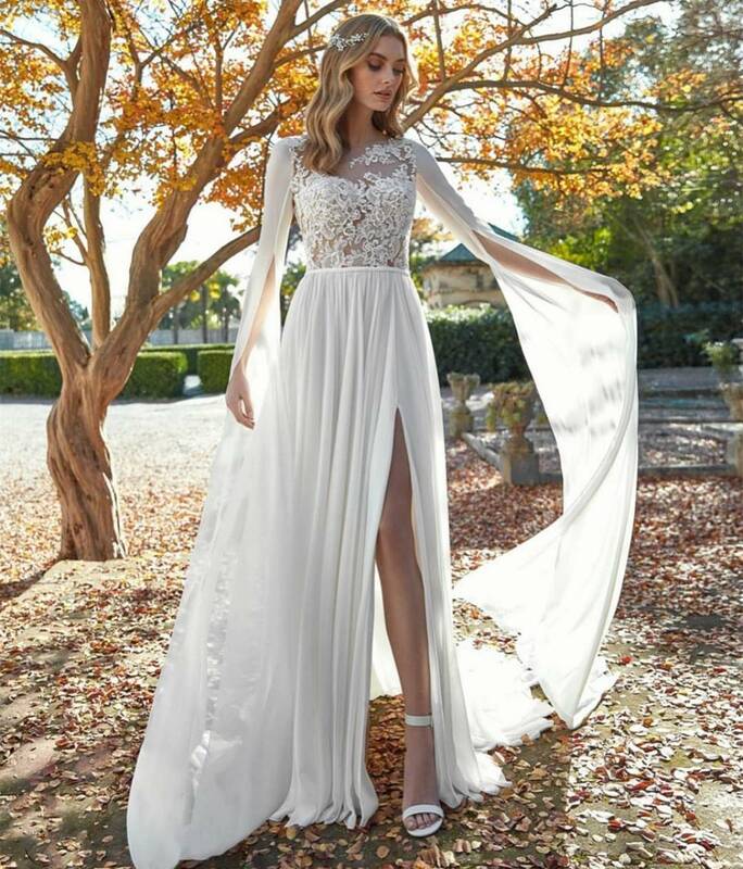 Шифоновое кружевное свадебное платье, накидка с длинным рукавом-фонариком, пляжный винтажный наряд в стиле бохо с разрезом, в богемном стиле, длиной до пола