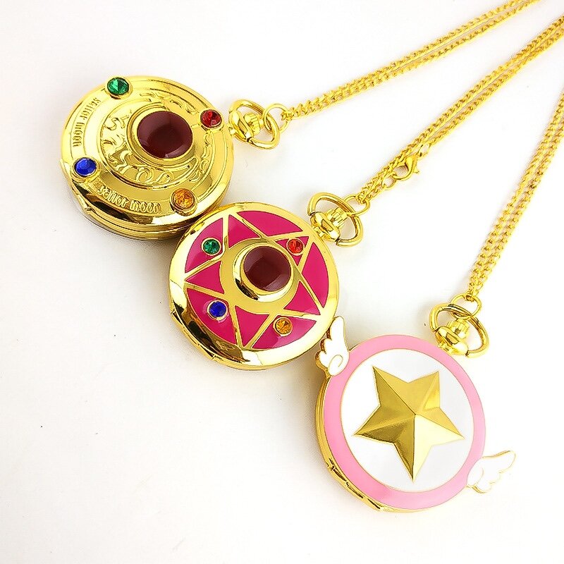 Relógio de bolso japonês anime quartzo com lua e estrelas para as mulheres, colar fashion com pingente, presente