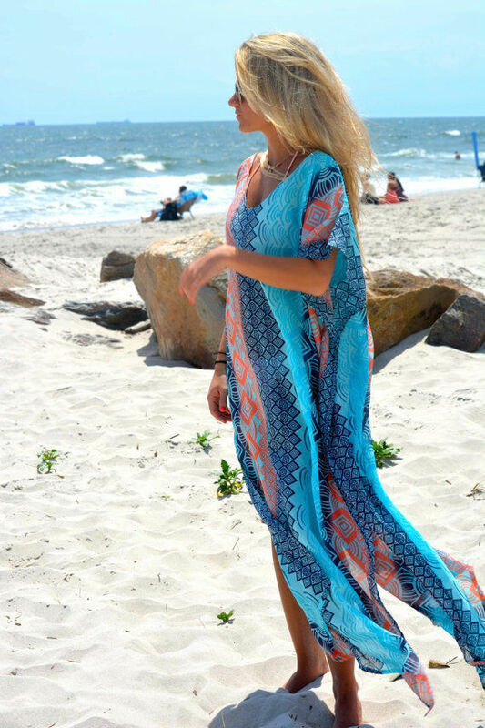 Vestido de praia estampado boho, traje de banho feminino longo, roupa tipo túnica, kaftan, para verão