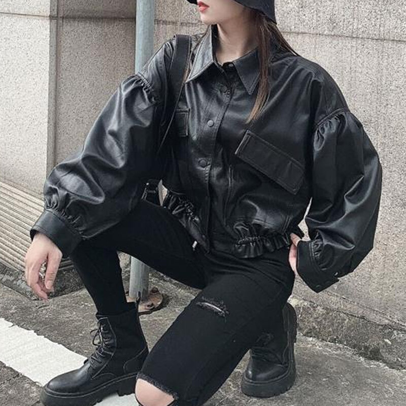 Куртка мотоциклетная Женская кожаная на пуговицах, модная уличная одежда свободного покроя с длинным рукавом, теплая винтажная куртка в Корейском стиле, Y2K, осень