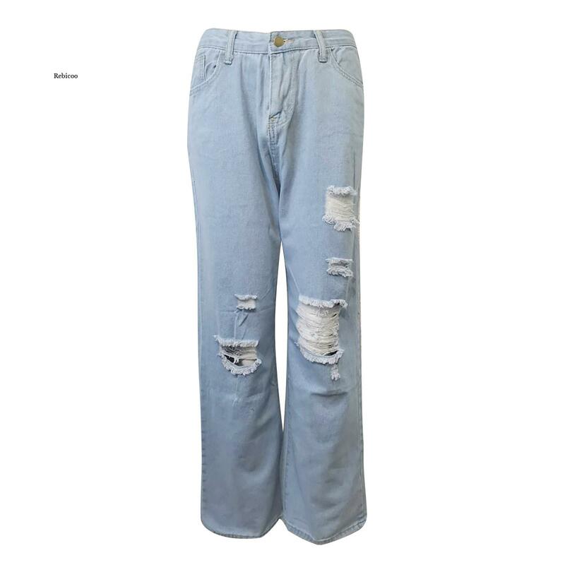 Hoge Taille Losse Comfortabele Jeans Voor Vrouwen Modieuze Toevallige Rechte Broek Ripped Jeans Vrouwen Broek