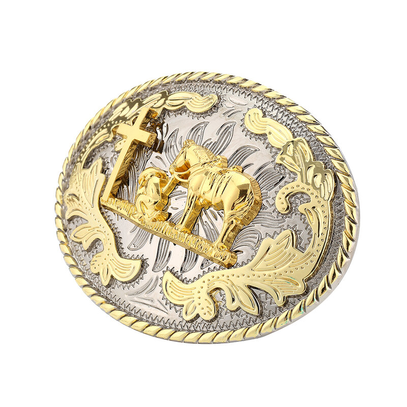 Boucle de ceinture Cowboy occidentale en alliage de zinc, 4.0cm, or, forme ovale, croix cheval de prière pour homme