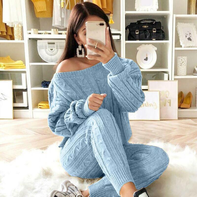 Autumn Winter Knitted Two Piece Set Women Outfits Long Sleeve One Shoulder Sweater Pullovers Skinny Pants Set Women Tracksuits