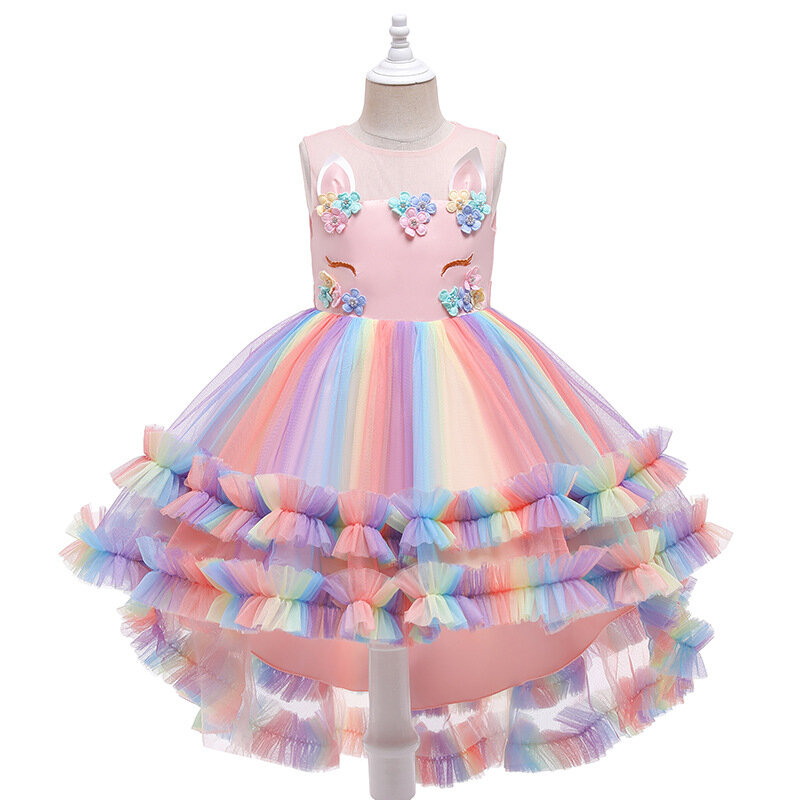 Robe de bal pour filles, Costume de carnaval, robe de princesse licorne arc-en-ciel élégante, robe de mariage d'anniversaire pour enfants de 3 à 12 ans