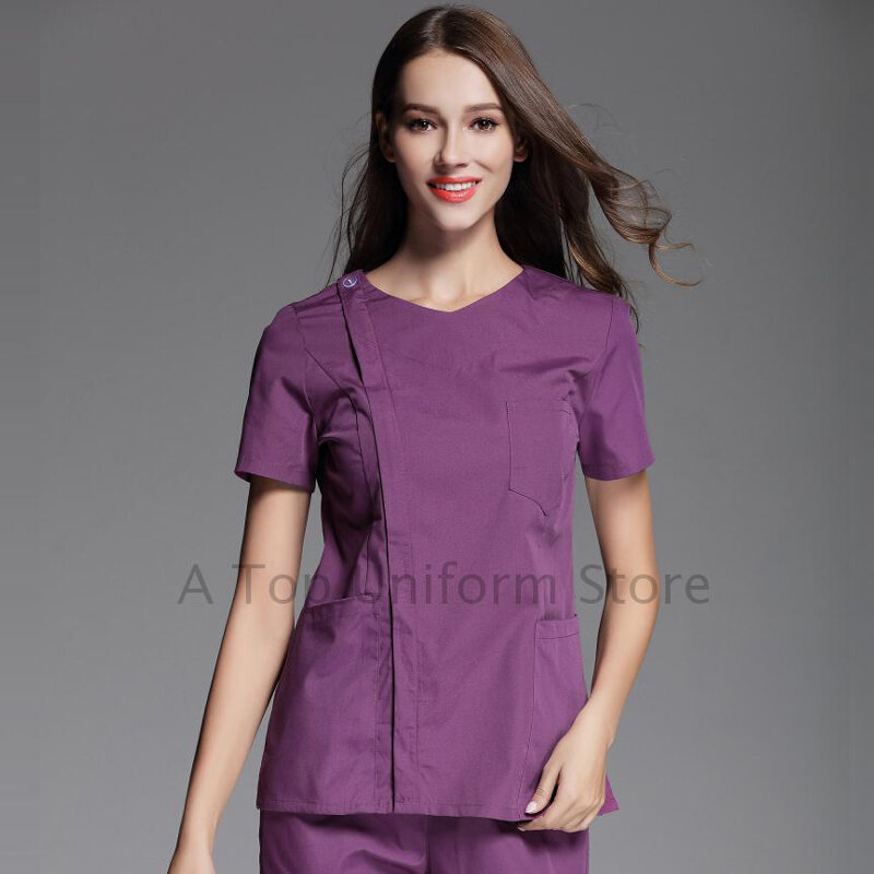 New Style Women Fashion Scrub Top Doctor Nurse Uniform Side Opening Front Shirt with Concealed Zipper Surgery Scrub (just A Top)