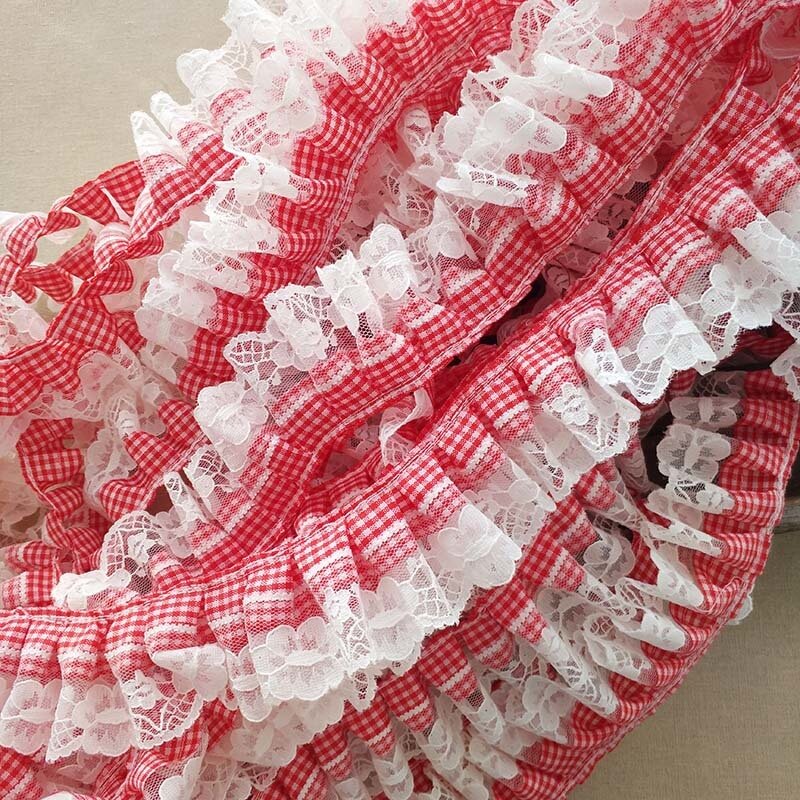 Trend Double Mesh Embroidered Red Plaid Wrinkle Lace Ribbon DIY Doll Baby Tutu Make Clothes Neckline Cuffs Puff Trim Accessories