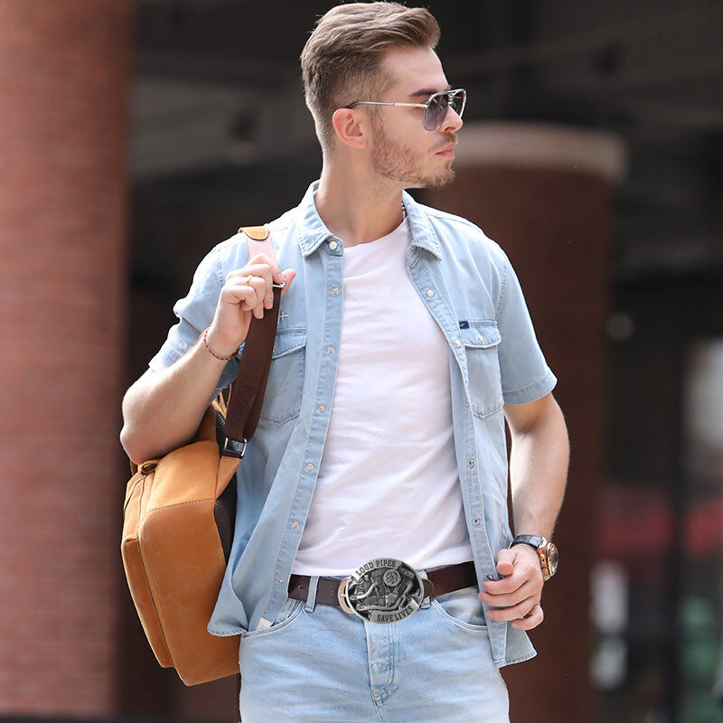 Boucle de ceinture ovale en argent rétro western denim 3D, adaptée à une ceinture de 4cm de large, accessoires en jean pour hommes