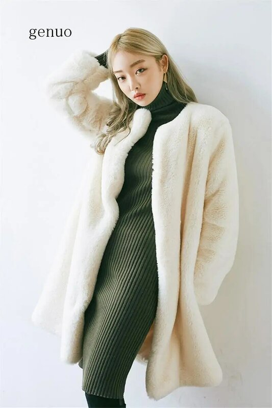 Jaket Leher-o Lengan Panjang Bulu Hangat Putih Mantel Berbulu Palsu Wanita Mode Musim Dingin Mantel Pakaian Luar 3XL
