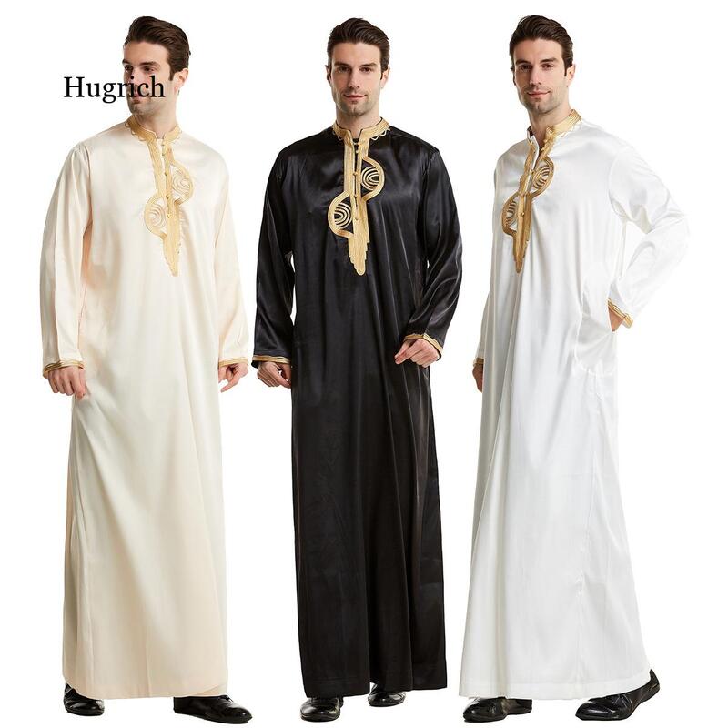 이슬람 남자 Jubba Thobe 이슬람 의류 스탠드 칼라 기모노 긴 가운, 사우디 무술만 착용 Abaya Caftan Jubah 두바이 아랍 드레싱