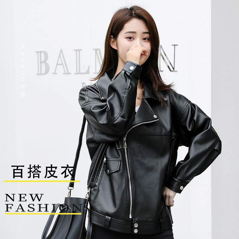 Leather Jacket Women High-End Short Loose Pockets Outerwear Faux Leather Wild lapel Collar Lady Tops Student 29