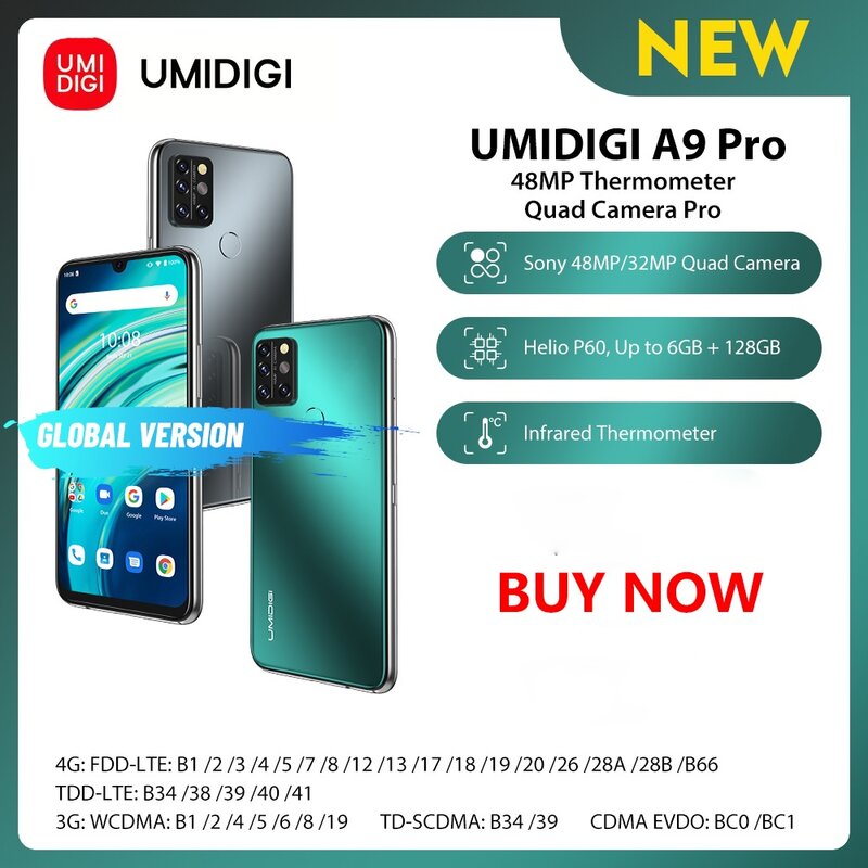 UMIDIGI A9 Pro Unlocked Android 10 Smartphone Global Version 6.3" FHD+ 32MP/48MP Quad Camera Cellular Helio P60 Cell Phone