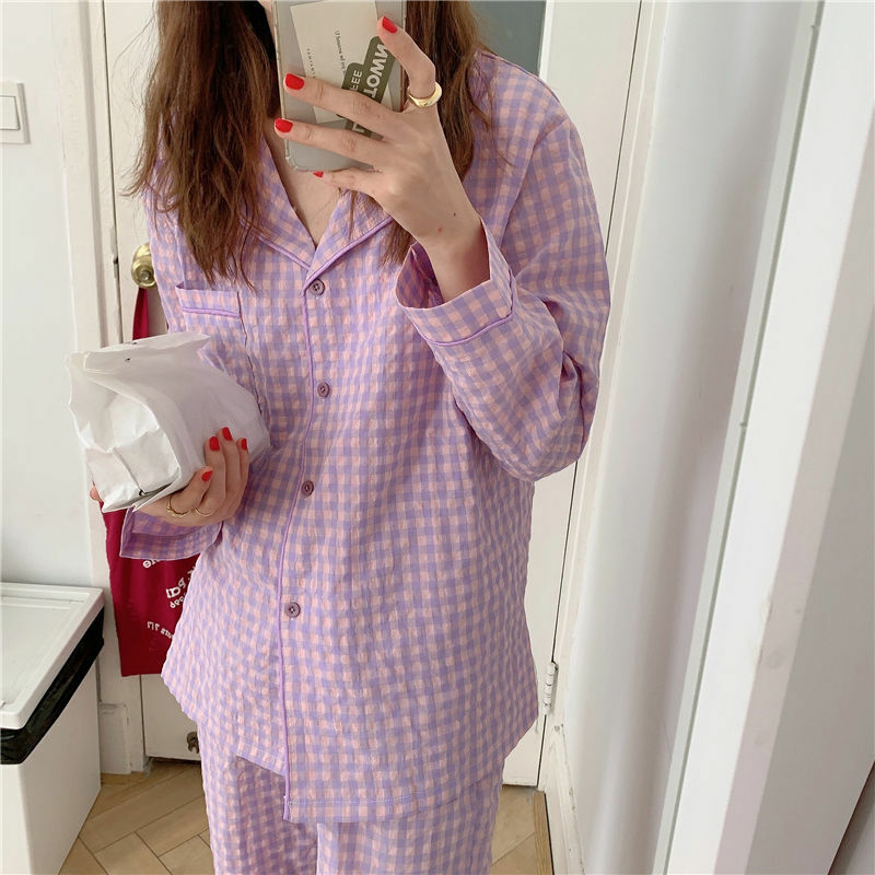 QWEEK bawełniana w kratę piżama dla kobiet koreański fioletowy zestawy piżam jesień Pijamas bielizna nocna Nightie Loungewear Pjs Dropshipping