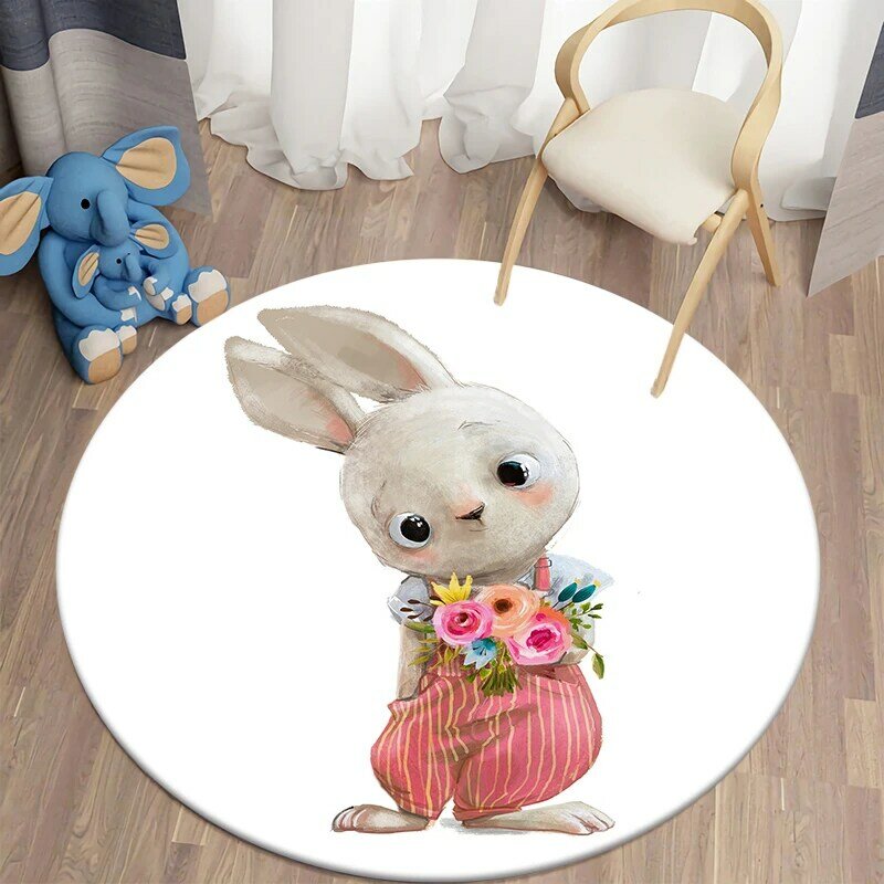 Decorative Carpet Cartoon Bunny Printed Area Rugs Round Carpet for Living Room Floor Mat Flannel Anti-Slip Mat for Children