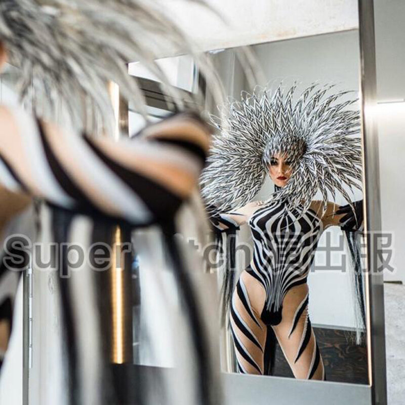 Party nightclub technology bodysuit New customized zebra pantern stage costume cool headdress dance show