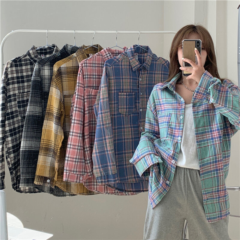 Camisa informal a cuadros para mujer, blusa Harajuku Coreana de manga larga con botones y cuello vuelto, moda de otoño
