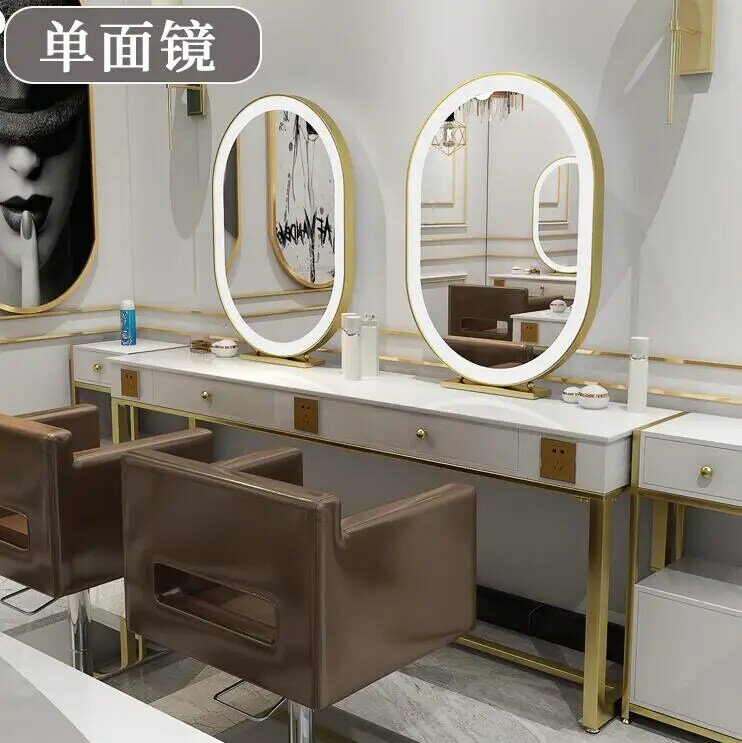 Table miroir naren marbre pour salon de coiffure, salon de coiffure de luxe, coupe de cheveux, permanente et embau, miroir double face