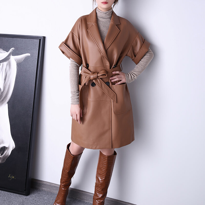 Casaco de couro genuíno manga curta para mulheres, terno feminino elegante francês, bolsos de gola, jaqueta longa, suéter chique, 2023
