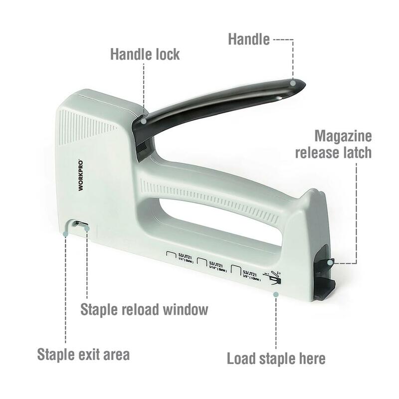 Легкий Строительный пистолет для ногтей WORKPRO, ручной степлер для мебели, пластиковый степлер с 800 скобами, 6 мм/8 мм/10 мм и степлер